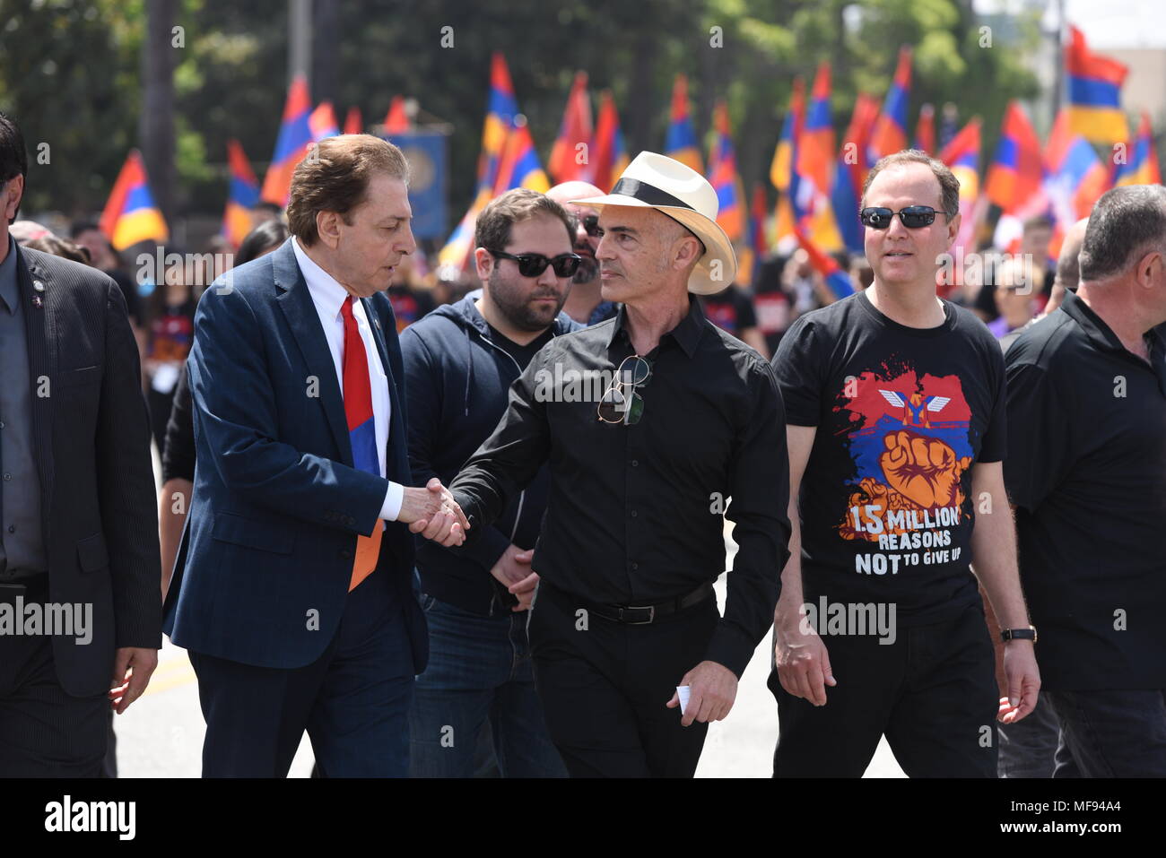 Los Angeles, USA. April 24, 2018 - LOS ANGELES — High-ranking politicians, as well as local, state, and federal government officials as U.S. Rep. Adam Schiff (D-Burbank) marching to commemorate the 103rd anniversary commemoration of the Armenian Genocide on April 24 in Little Armenia, Los Angeles, CA. Credit: Hayk Shalunts/Alamy Live News Stock Photo