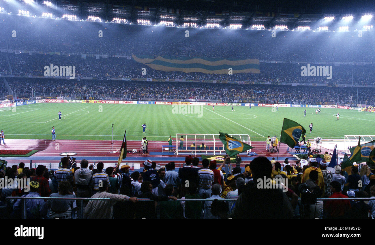 FIFA World Cup - Italia 1990 20.6.1990, Stadio Delle Alpi, Turin, Italy. Brazil v Scotland. Stadium panorama with Brazilian flags and the giant tifo banner. Stock Photo