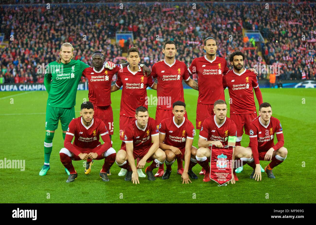 Liverpool, UK. 24th April, 2018. Liverpool. 25th Apr, 2018. Players of  Liverpool line up ahead of the UEFA Champions League Semifinals 1st leg  match between Liverpol FC and AS Roma at the