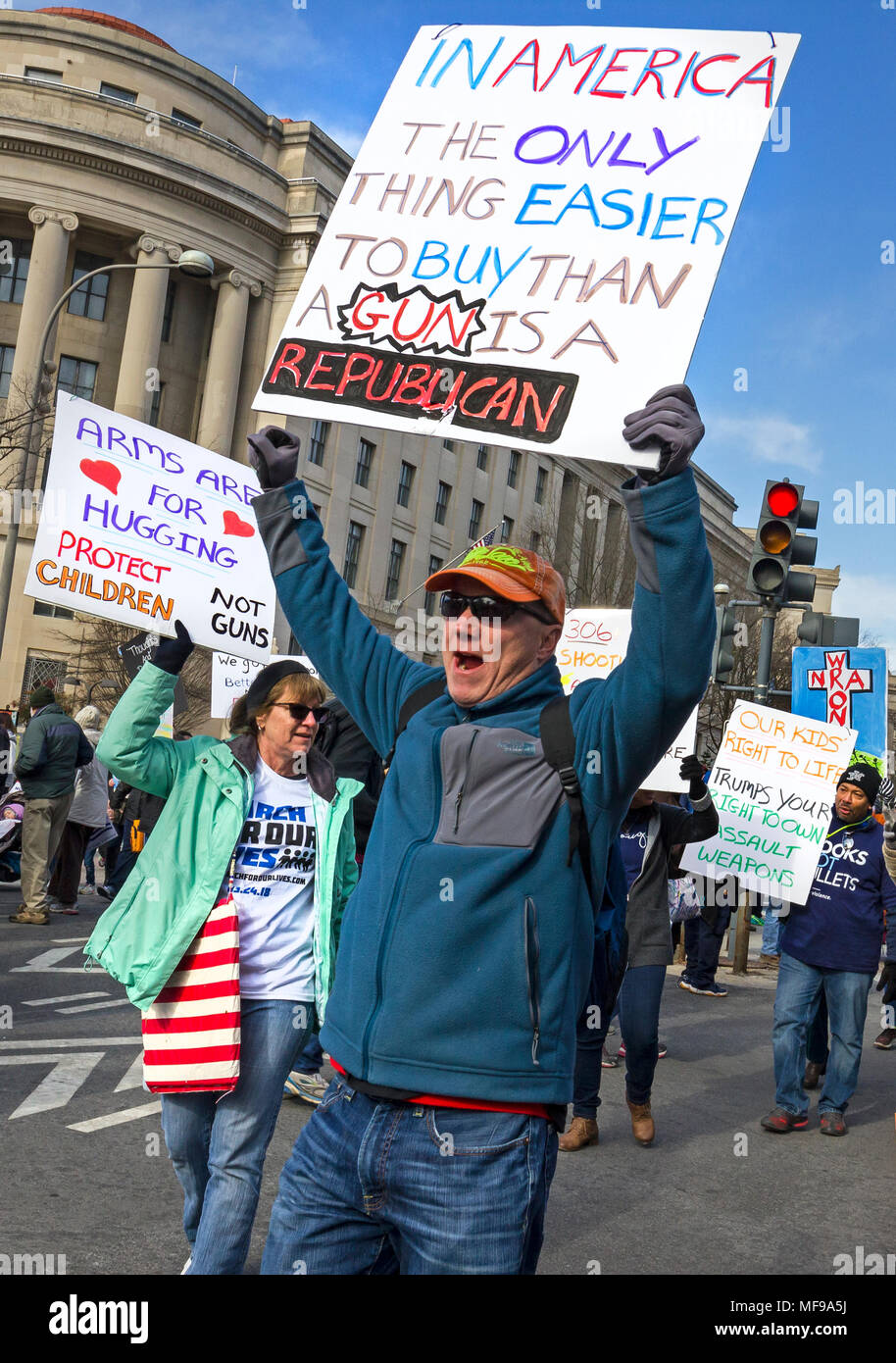 Angry protesters during the March For Our Lives rally against gun violence on March 24, 2018 in Washington, DC. Stock Photo