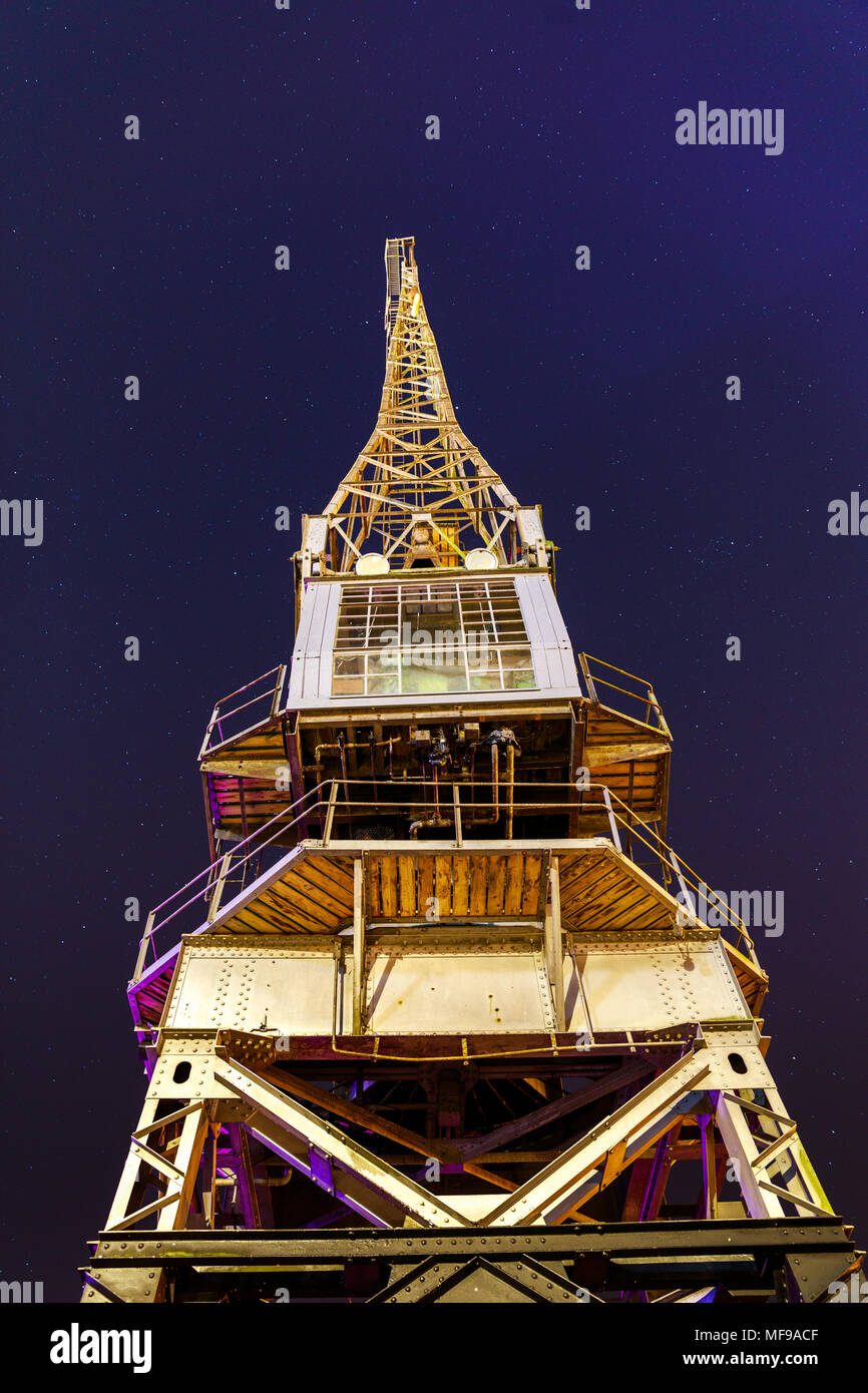 Close up of Historic Crane by Bristol's Floating Harbour on a clear night. Stock Photo