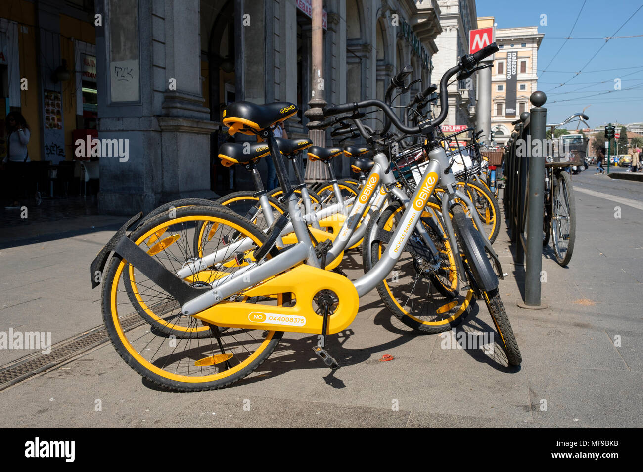 O Bikes available for rental parked near the Termini metro station, Rome, Lazio, Italy Stock Photo