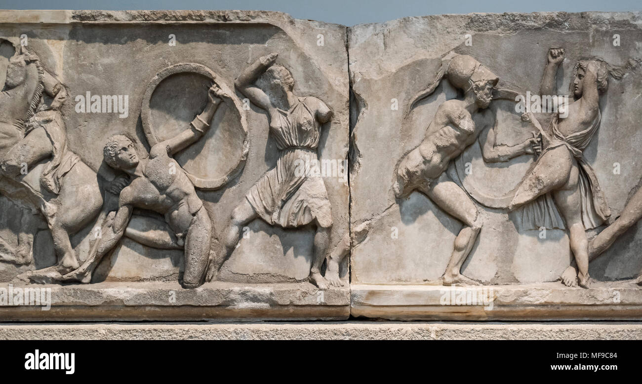 London. England. British Museum, Relief from the Mausoleum at Halikarnassos (Halicarnassus or Tomb of Mausolus), Section from the Amazon Frieze, detai Stock Photo