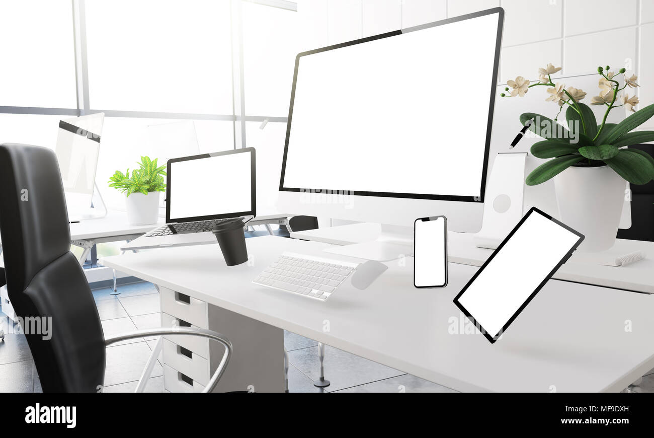 3d rendering mockup of computers, mobile devices and assorted office ... 3d rendering mockup of computers, mobile devices and assorted office ...