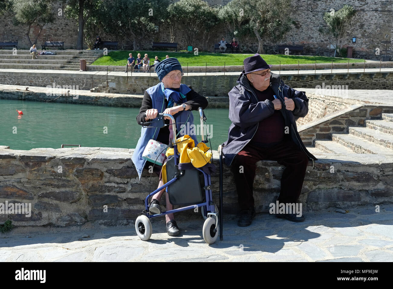 Two elderly people in Collioure, France. Stock Photo