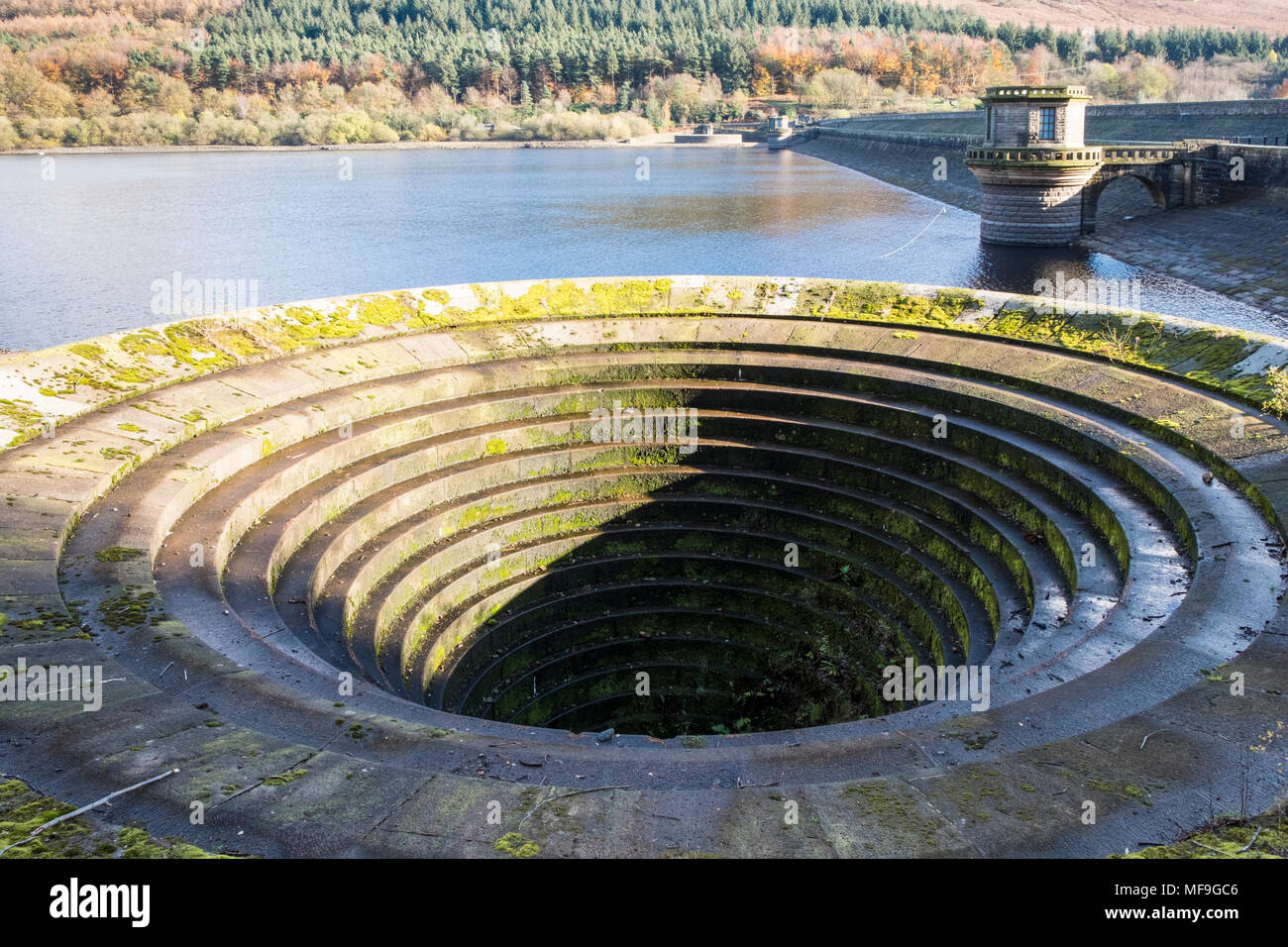 A bell mouth overflow (locally referred to as a plug hole) at Ladybower Reservoir with dam and draw off towers in the distance, Derbyshire, England, UK Stock Photo