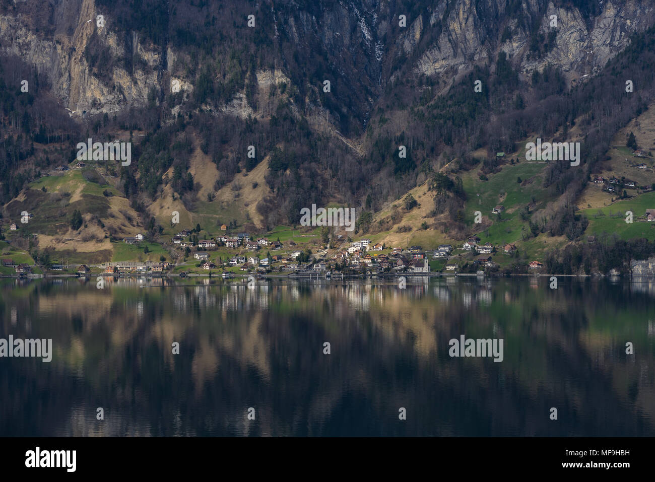 Early spring view on small Bauen village from Tell's Chapel (Tellskapelle) across the Lake of Lucerne Stock Photo