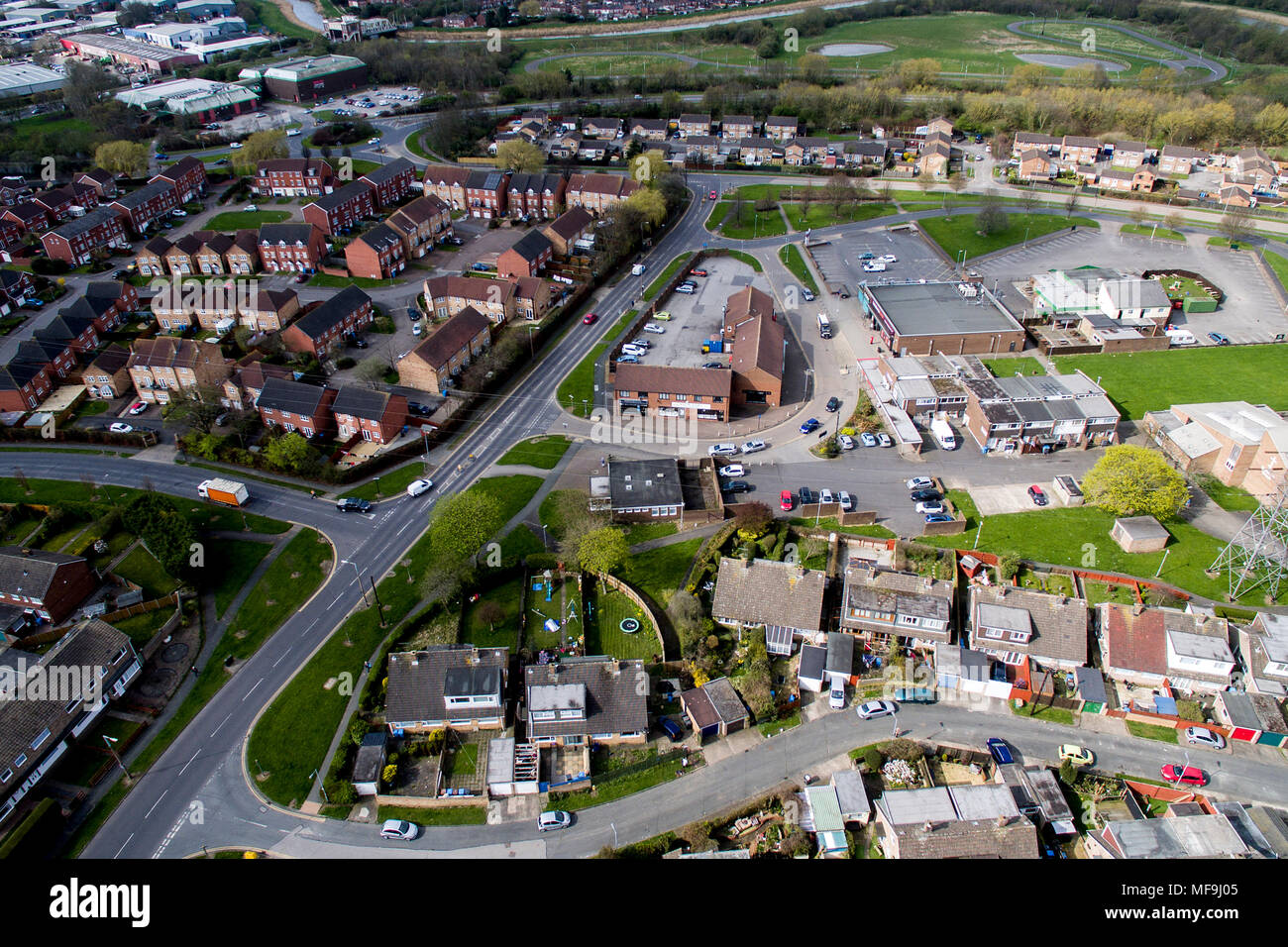 aerial view of Grandale, shopping area and pub, sutton park, Hull Stock Photo