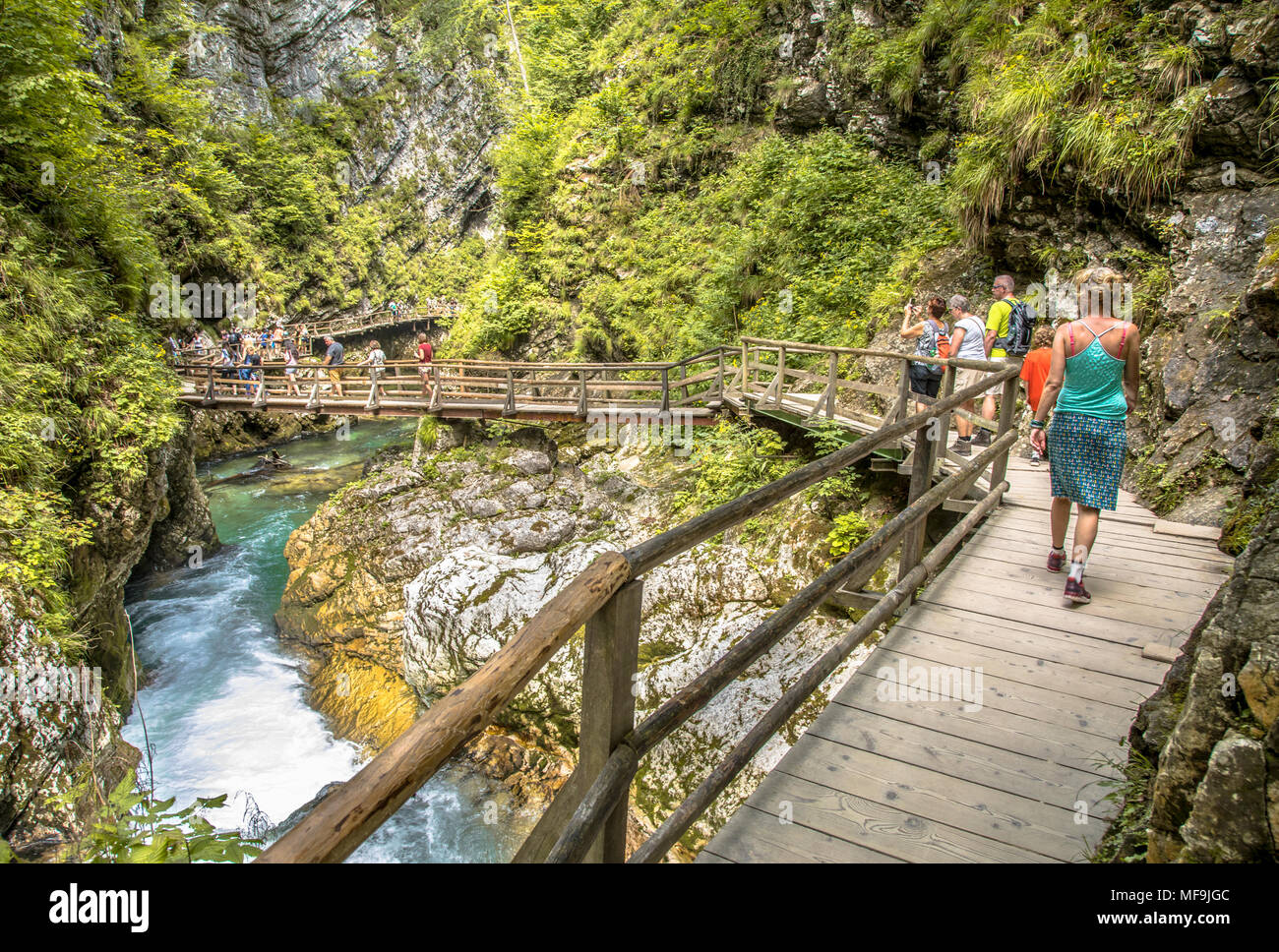 Soteska vintgar gorge with tourists walking on boardwalk along river Stock Photo