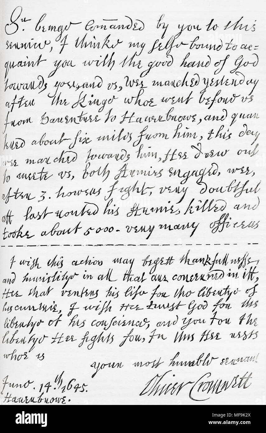 Facsimile of a portion of the letter written by Oliver Cromwell to William Lenthall, Speaker of the House of Commons, announcing the victory at The Battle of Naseby in 1645.   From Old England: A Pictorial Museum, published 1847. Stock Photo