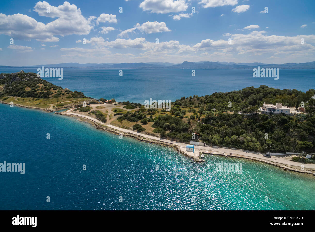 Aerial drone photo of fantastic nature of lake/sea in Peloponesse, Greece Stock Photo