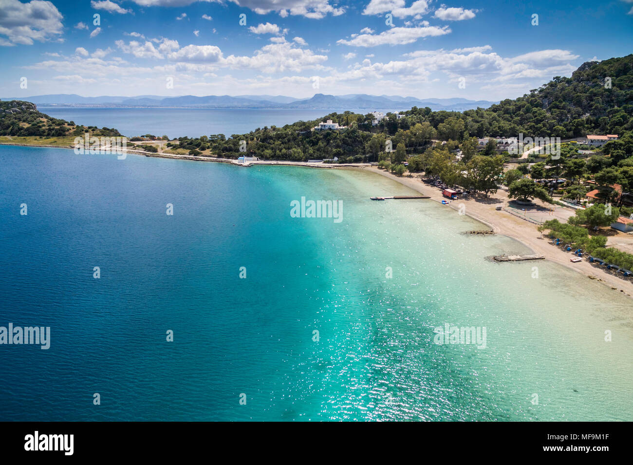 Aerial drone photo of fantastic nature of lake/sea in Peloponesse, Greece Stock Photo