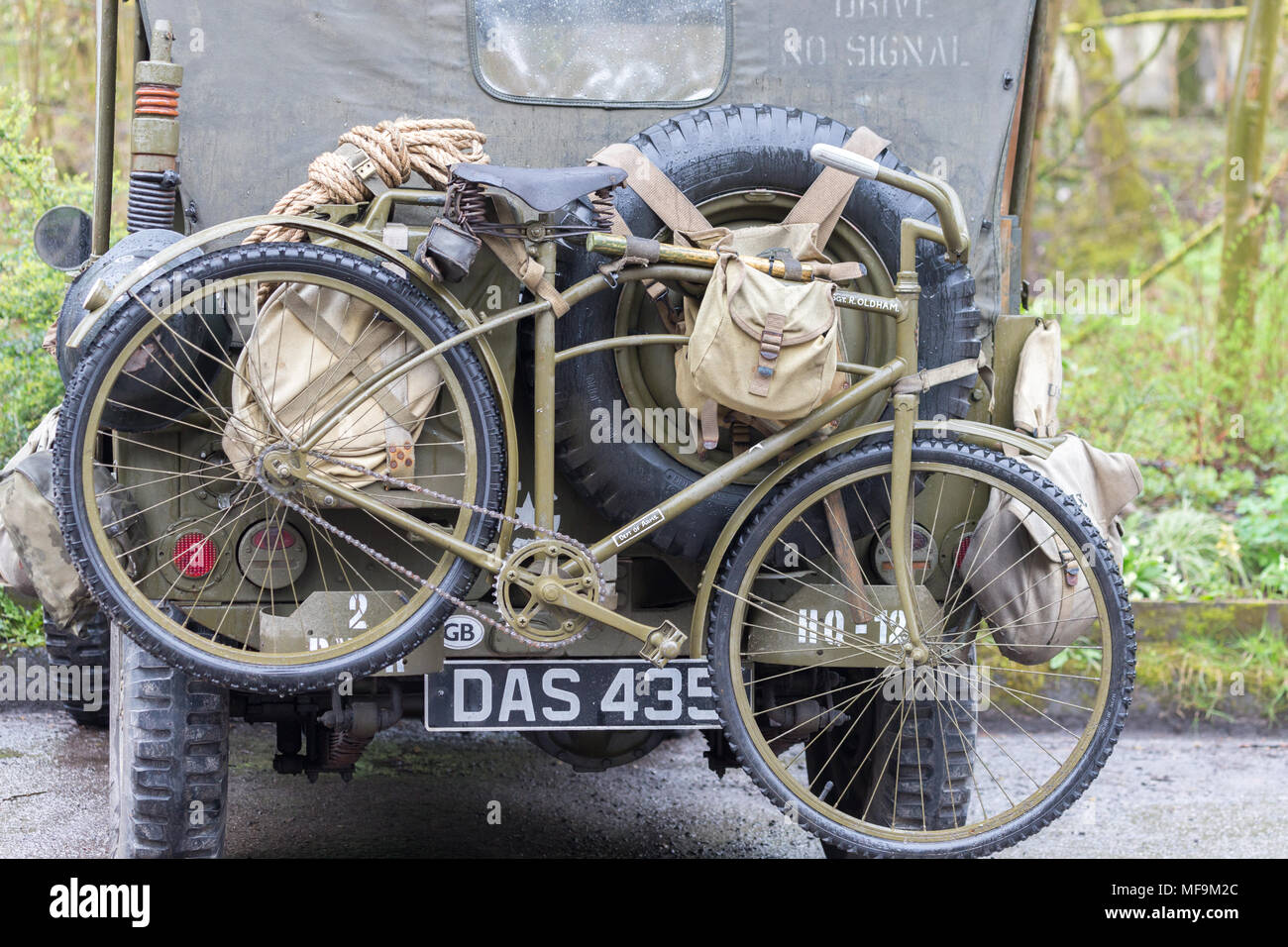 An American Army bicycle transported on the back of a World War 2 Willys Jeep at a !940's weekend at Healey Dell Nature reserve near Rochdale Stock Photo