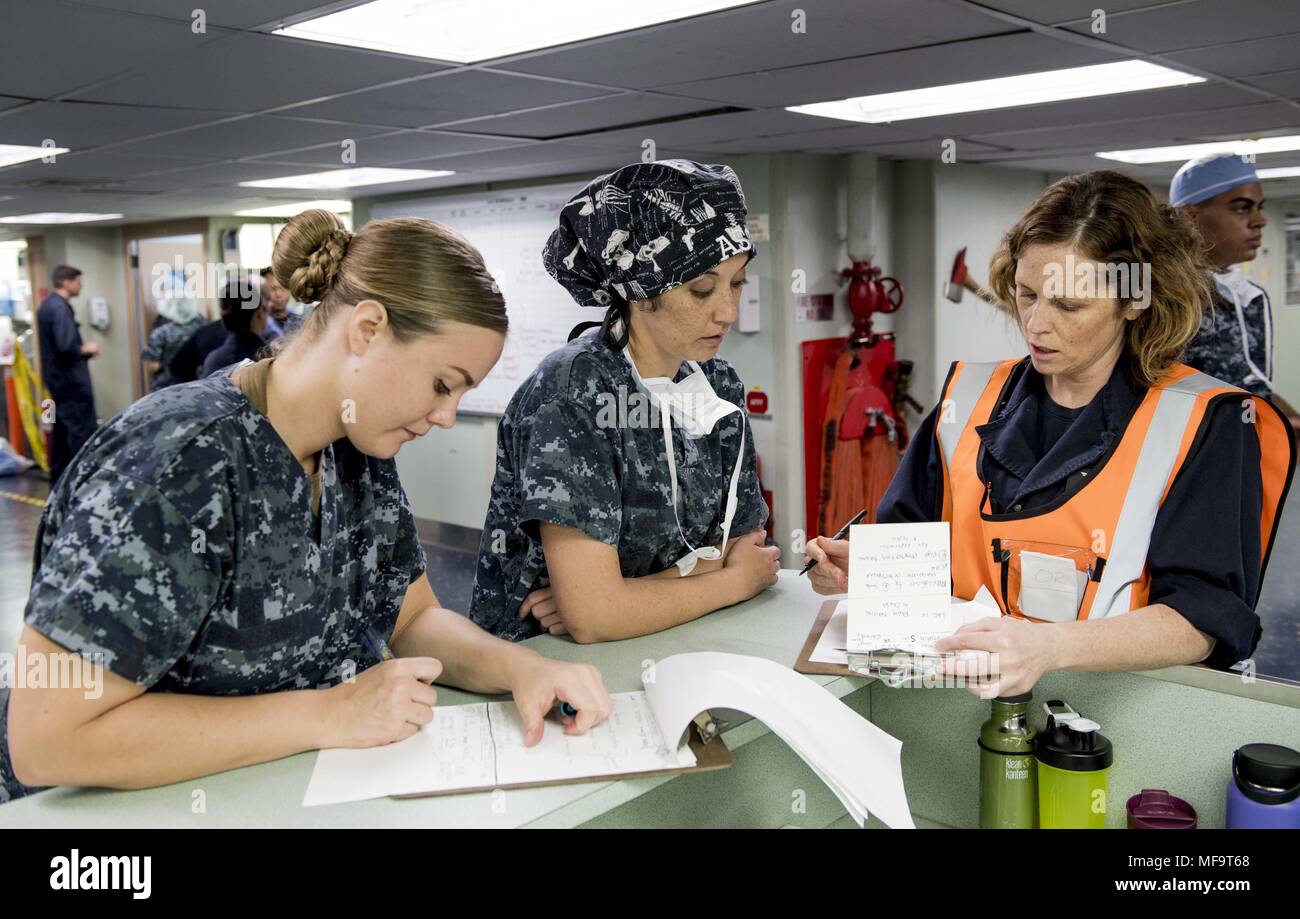 180423-N-RM689-0059 PACIFIC OCEAN (April 23, 2018) Nurses aboard Military Sealift Command hospital ship USNS Mercy (T-AH 19) give reports on incoming patients during a mass casualty drill, April 23, 2018. Mercy is currently deployed in support of Pacific Partnership 2018 (PP18). PP18's mission is to work collectively with host and partner nations to enhance regional interoperability and disaster response capabilities, increase stability and security in the region, and foster new and enduring friendships across the Indo-Pacific Region. Pacific Partnership, now in its 13th iteration, is the larg Stock Photo