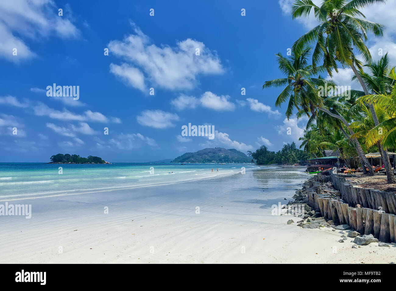 White coral sand on tropical beach. Praslin island, Seychelles Stock Photo