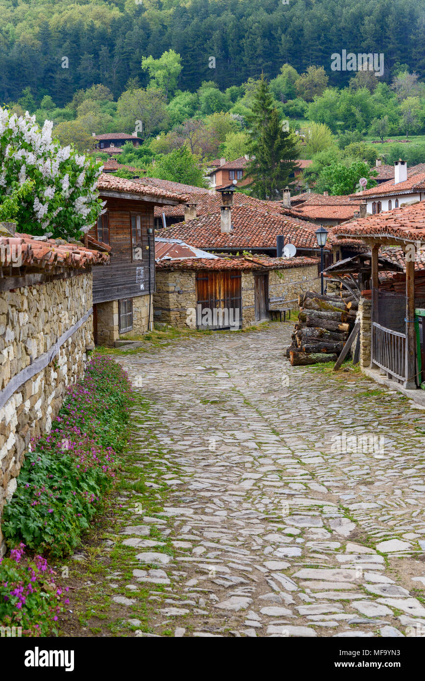 Zheravna, Bulgaria - architectural reserve of rustic houses and narrow cobbled streets from the Bulgarian national revival period Stock Photo