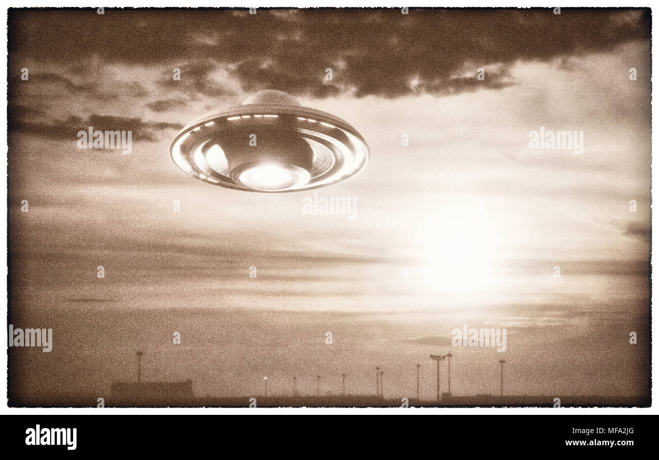 Old UFO picture. Image concept of aliens. Rendering 3D over the real picture. Clipping path of the photo frame included. Stock Photo