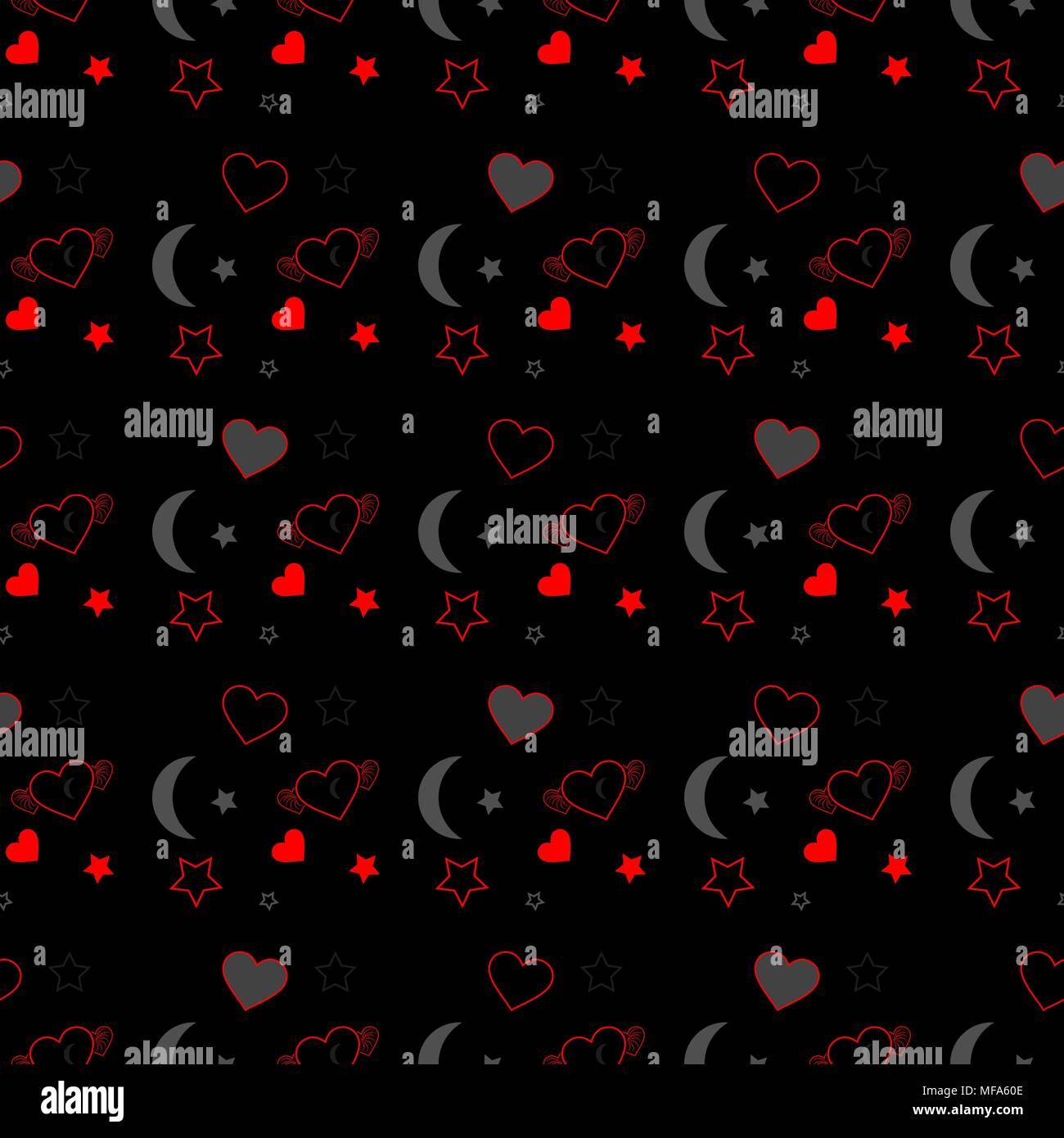 Seamless pattern with red hearts and black stars on black background ...