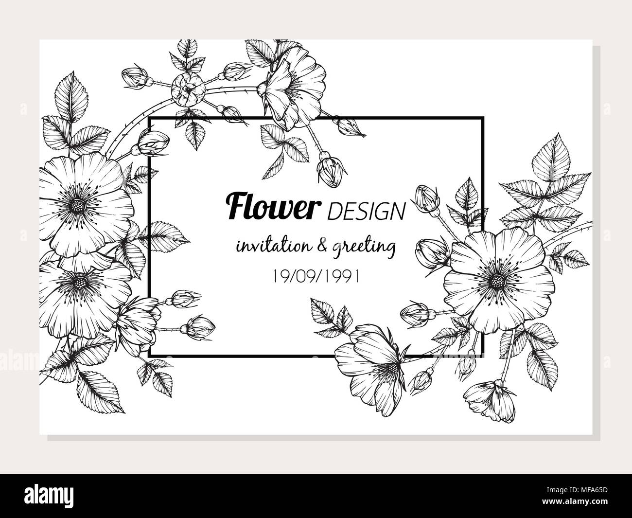 Dog rose flower frame drawing illustration for card design Stock ...