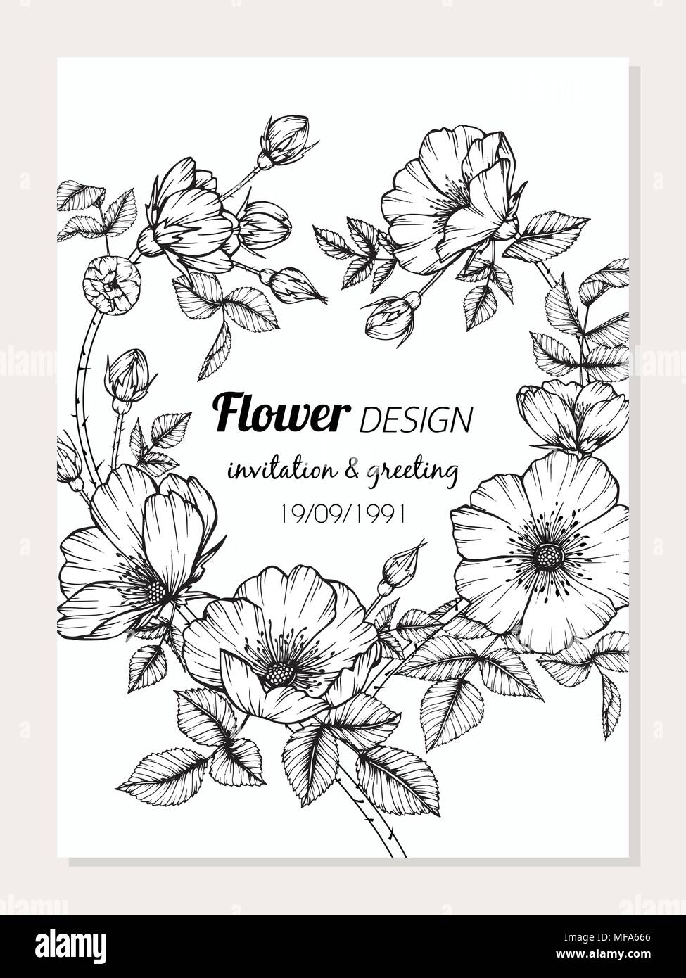 Dog rose flower frame drawing illustration for card design Stock ...