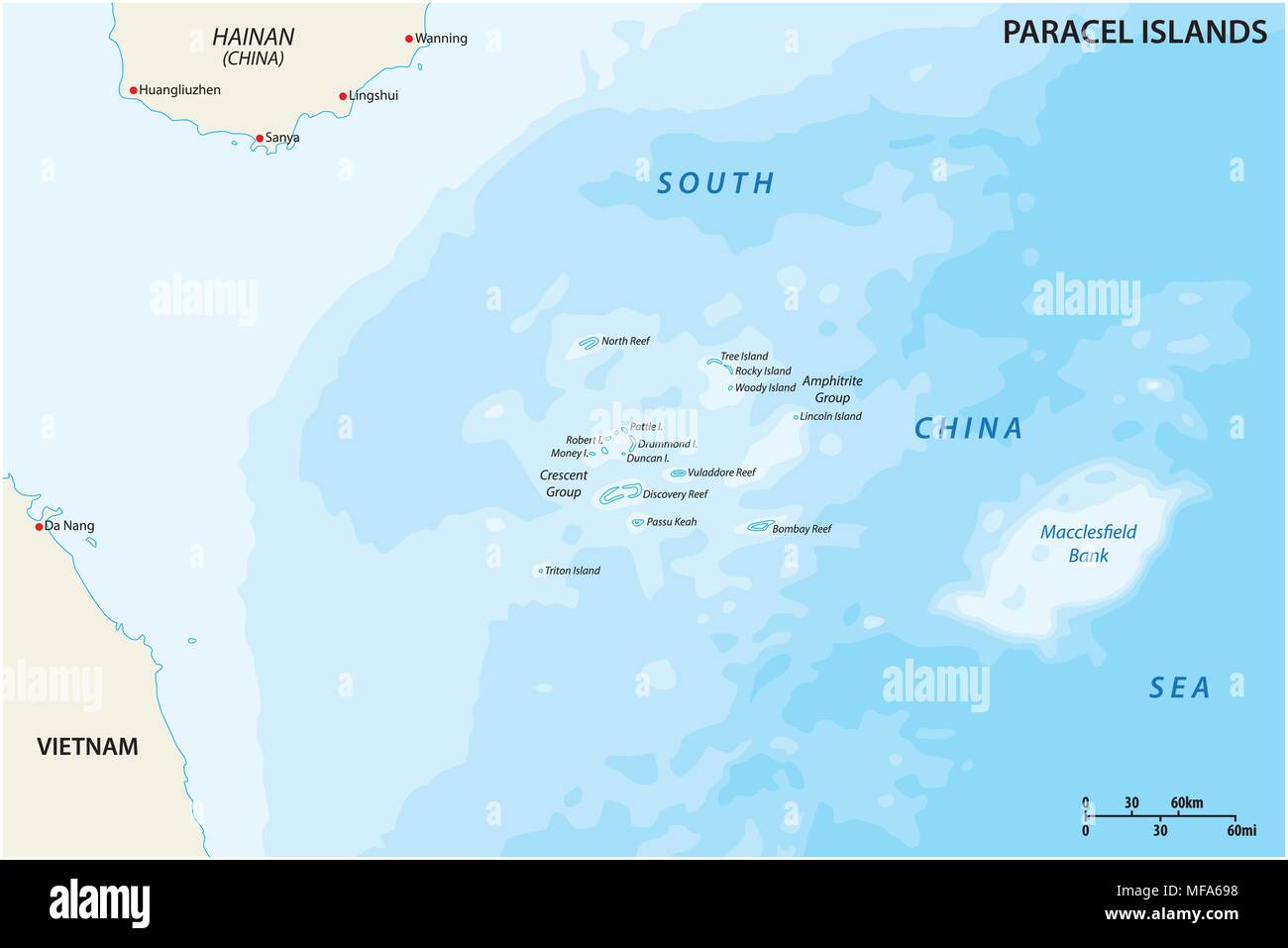 Map of the Paracel Islands controlled by China in the South China Sea Stock Vector