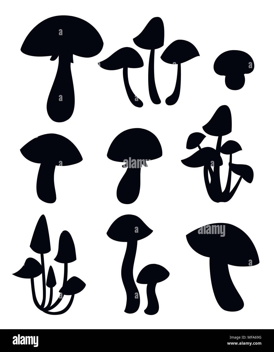 Black silhouette. Decorative mushrooms illustration. Cartoon style design. Vector illustration isolated on white background. Web site page and mobile  Stock Vector