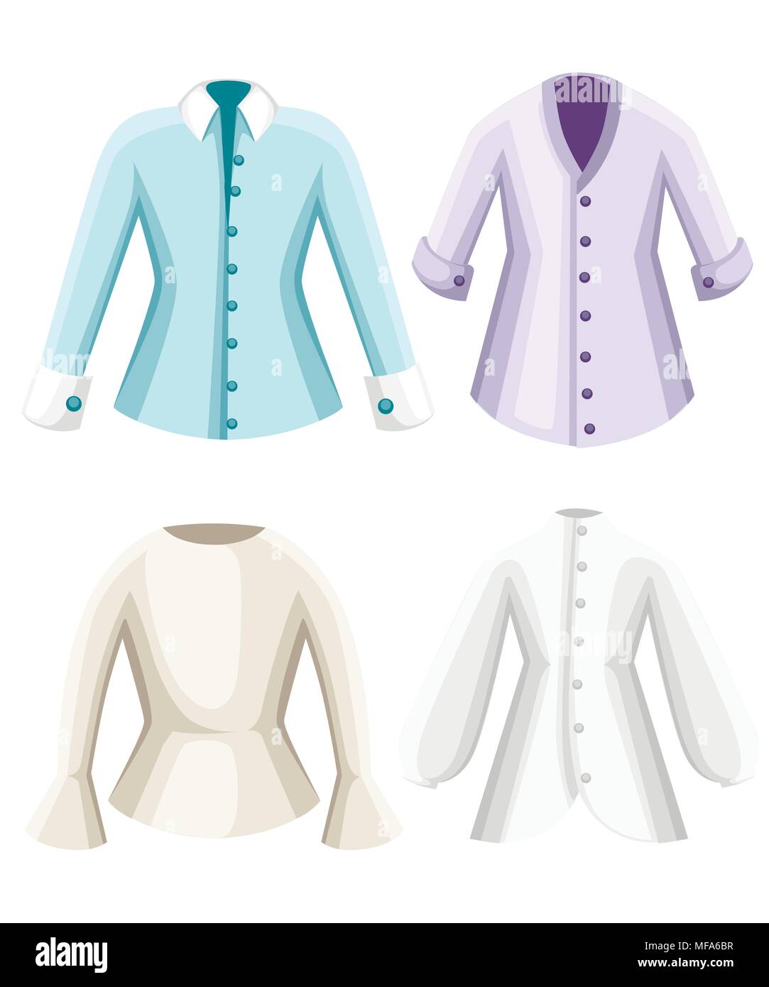 Set of blouses. Clothes for lady. Female formal long sleeved blouses. Flat style design. Vector illustration isolated on white background. Web site pa Stock Vector