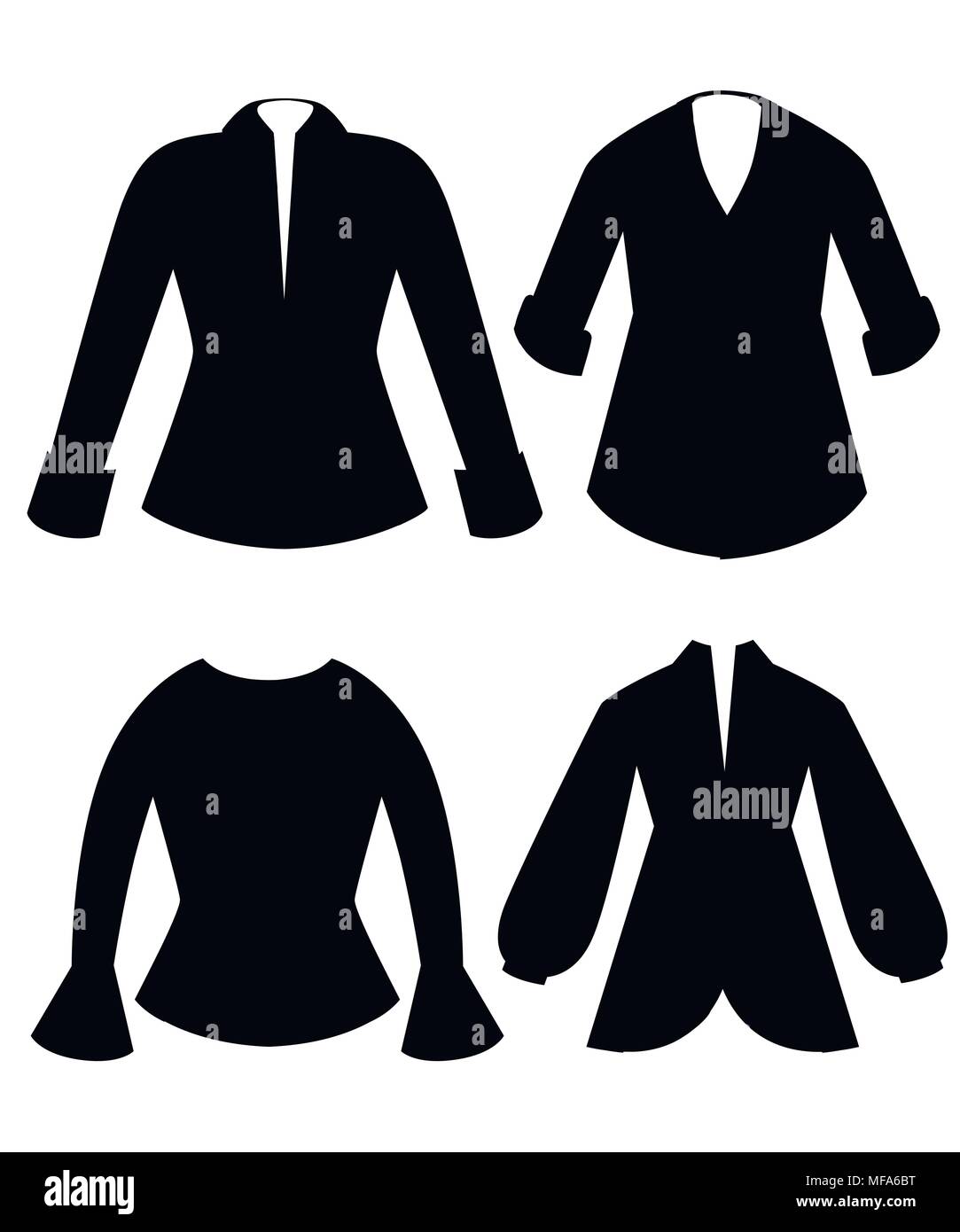 Black silhouette. Set of blouses. Clothes for lady. Female formal long sleeved blouses. Flat style design. Vector illustration isolated on white backg Stock Vector