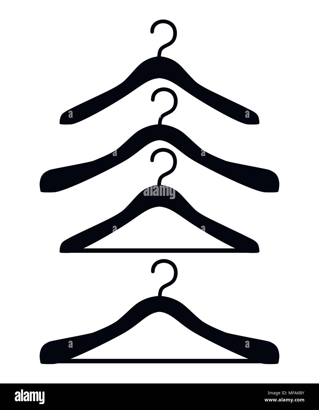 Black silhouette. Set of wooden hanger. Four different hangers. Flat style design. Vector illustration isolated on white background. Web site page and Stock Vector