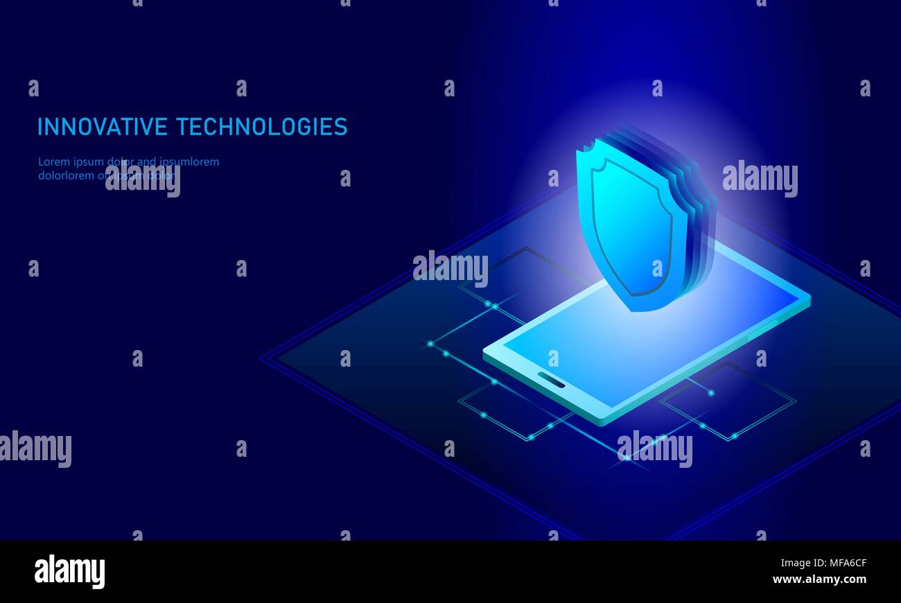 Isometric internet security shield business concept. Blue glowing isometric personal information data connection pc smartphone future technology. 3D infographic vector illustration Stock Vector