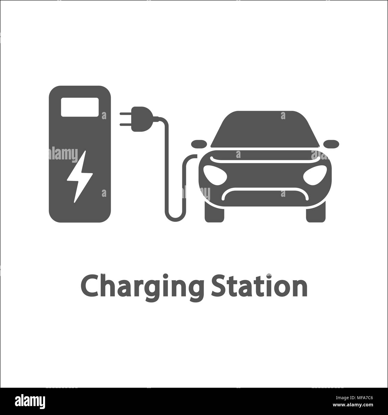 Electric car and charging station. Electric vehicle charging station, electric recharging point, simple icon, vector illustration. Stock Vector