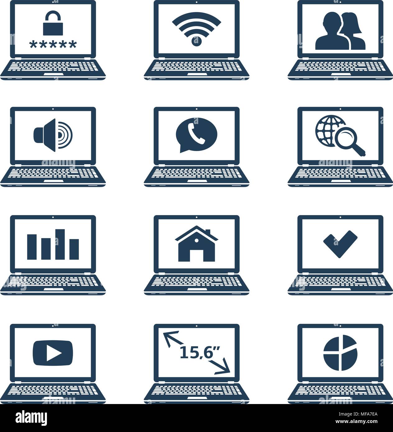 Laptop icons with signs and symbols on screen. Vector illustration