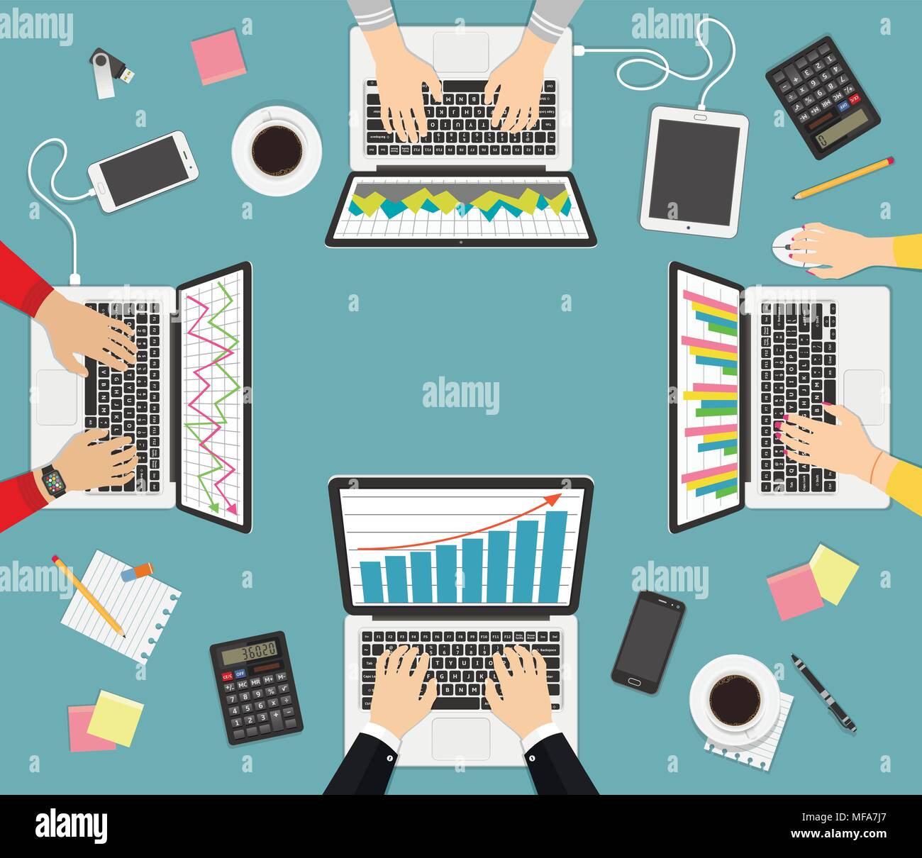 Teamwork, brainstorming concept. Business analytics. Group of businessman working on laptops, top view. Flat design vector illustration. Stock Vector