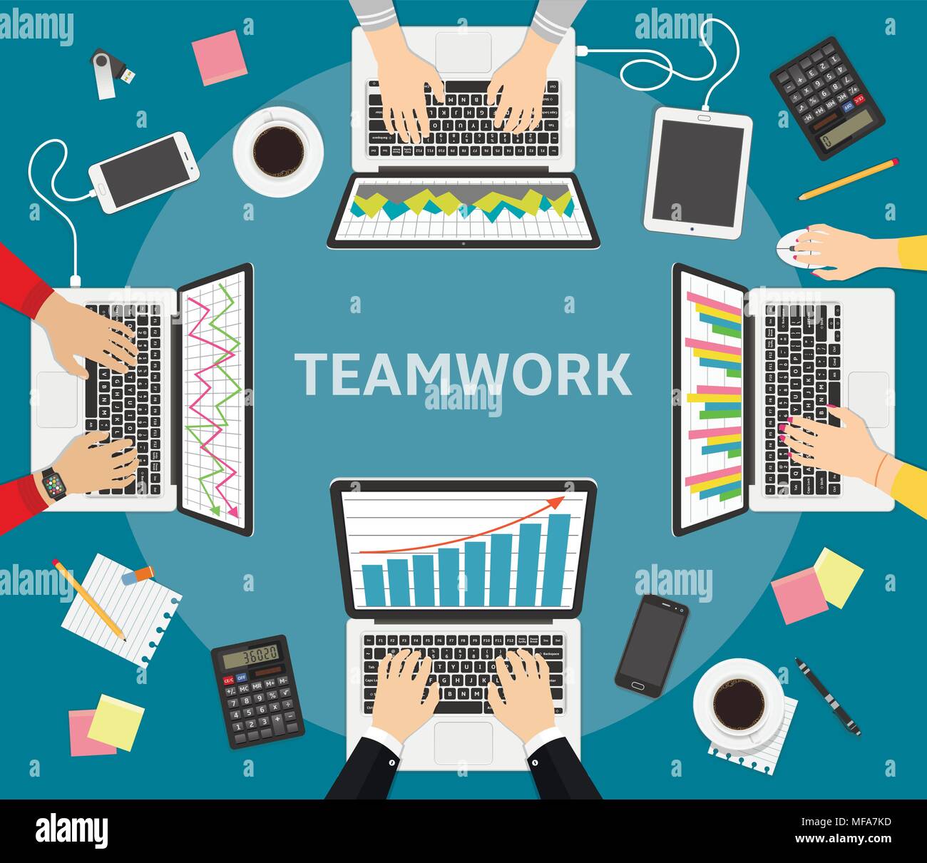 Teamwork on accounting, planning strategy, analysis, marketing research, financial management. Business meeting, teamwork, brainstorming. Team of busi Stock Vector