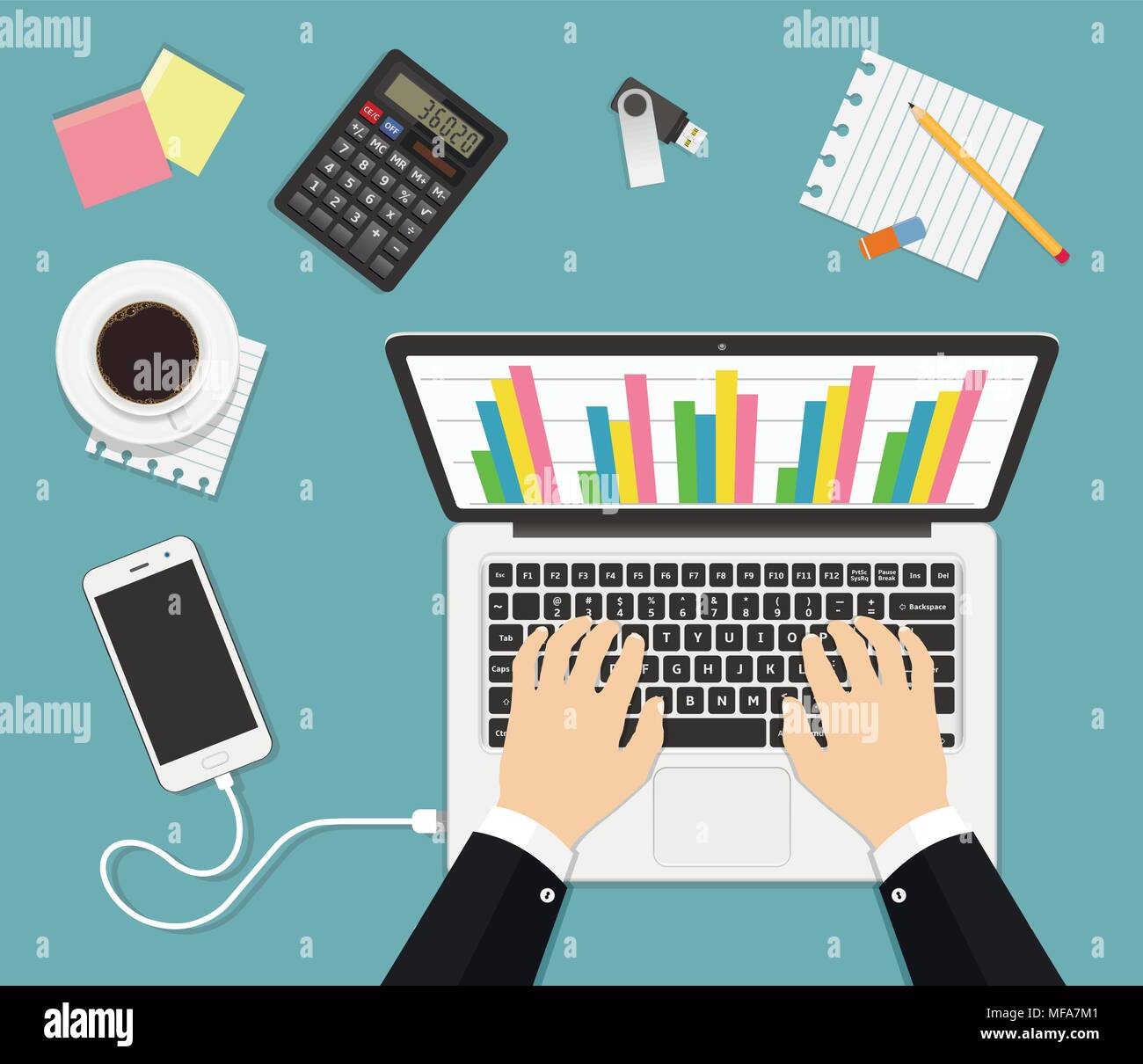 Businessman working on laptop analyzing graph statistic. Flat design concept. Vector illustration. Stock Vector