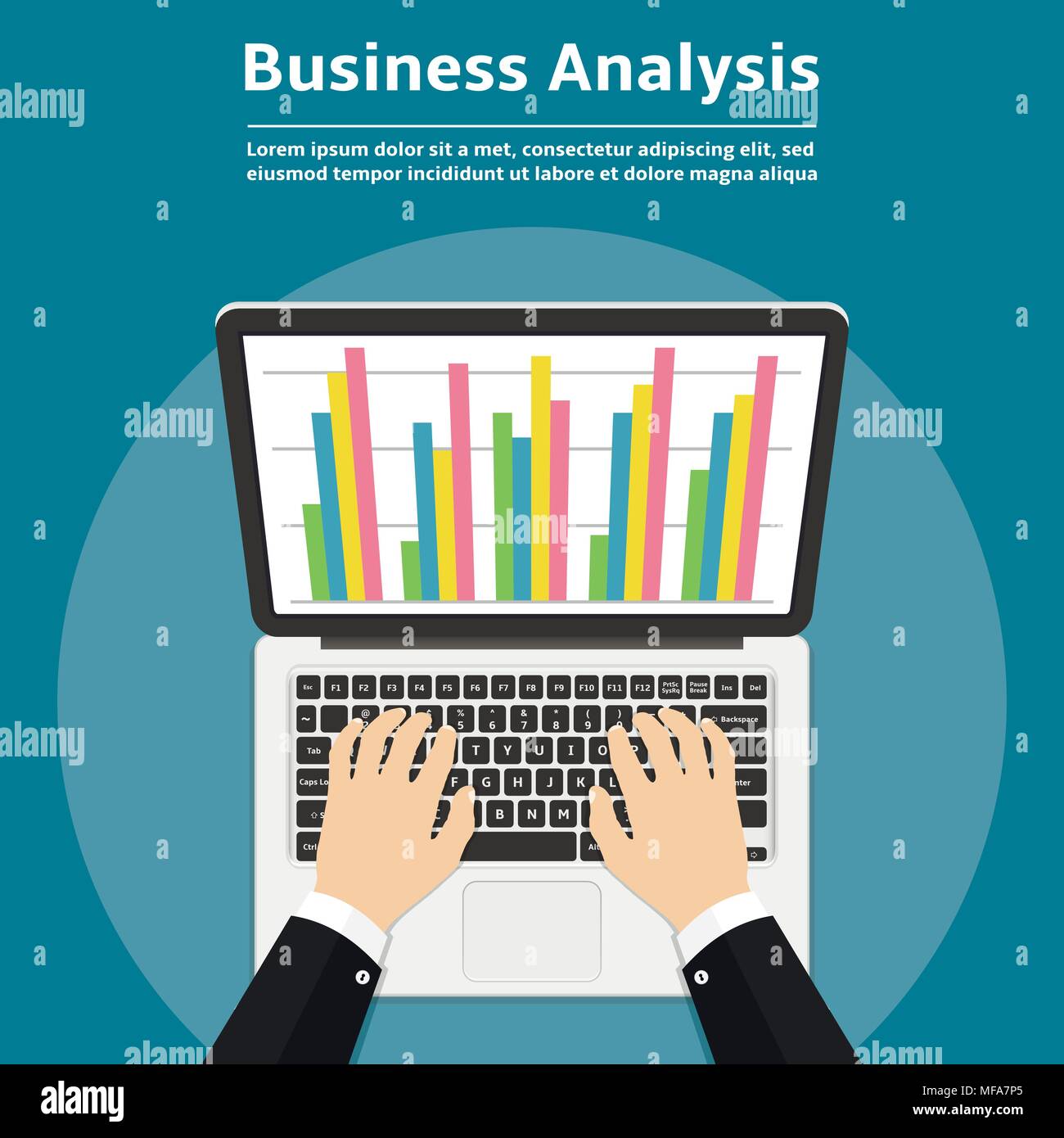 Businessman with laptop analyzes data. Analysis concept, flat design