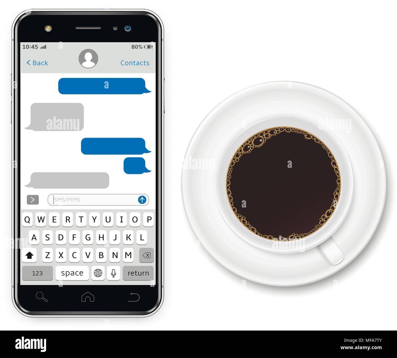 Realistic smartphone, chatting sms app template speech bubbles and coffee cup on a white background. Vector illustration. Stock Vector