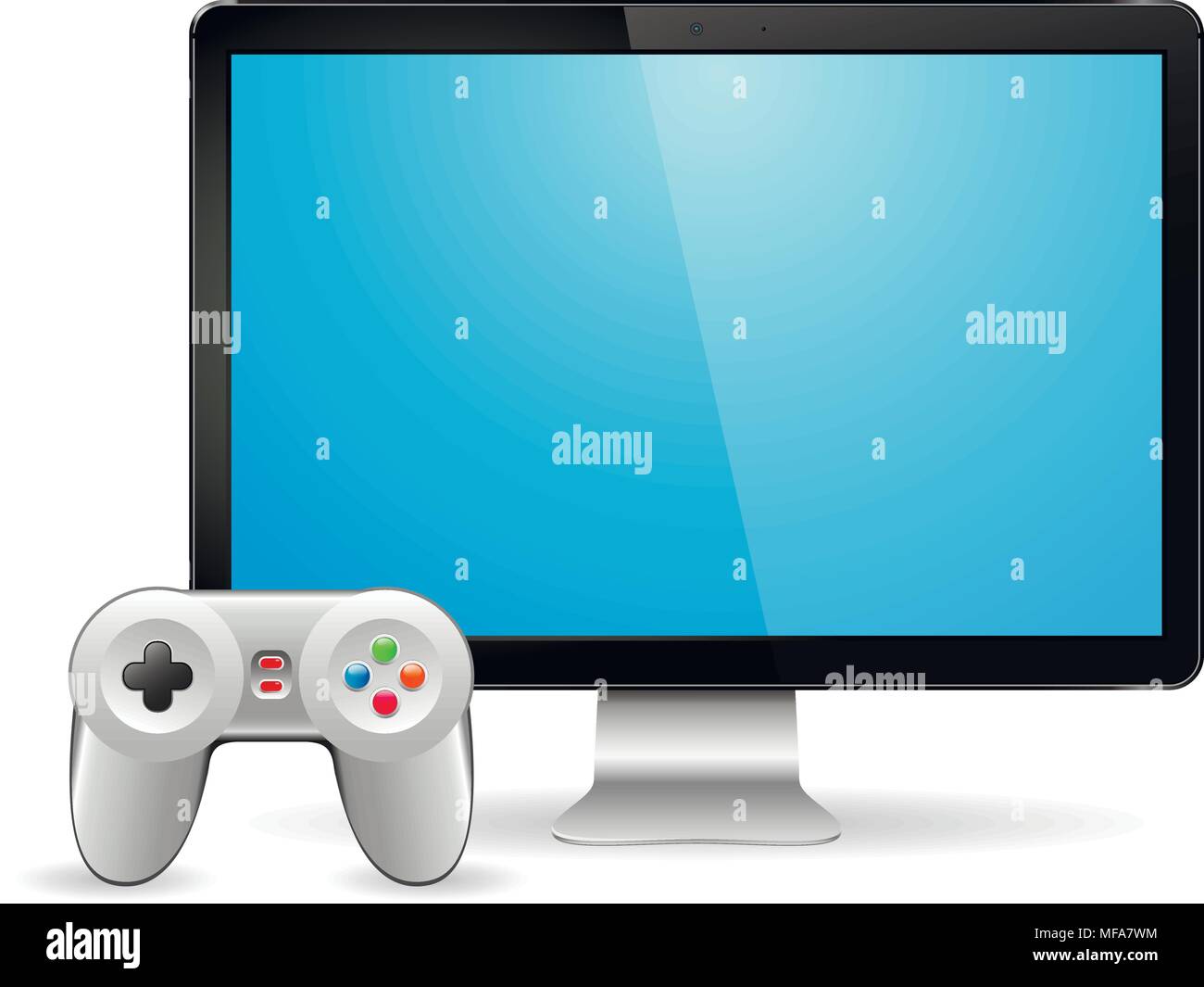 Gamepad and modern computer display with empty blank screen. Vector illustration. Stock Vector