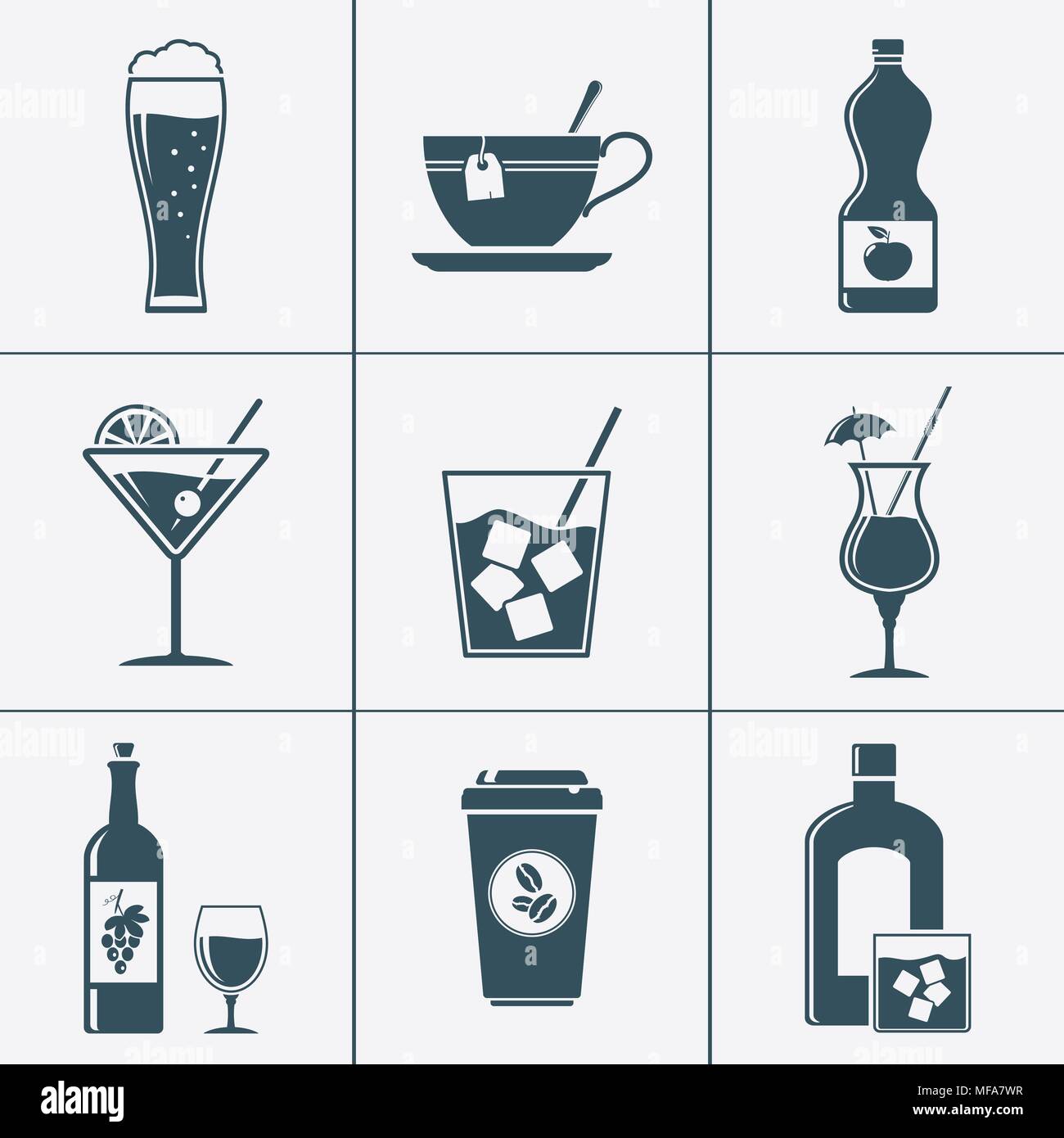 Alcoholi and nonalcohol beverages icons. Vector EPS10. Stock Vector