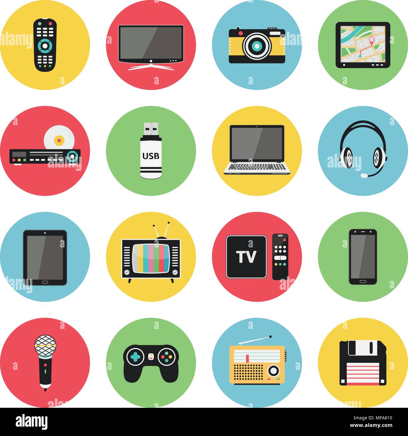 https://c8.alamy.com/comp/MFA810/flat-icons-set-of-multimedia-and-technology-devices-audio-and-video-items-and-objects-vector-illustration-MFA810.jpg