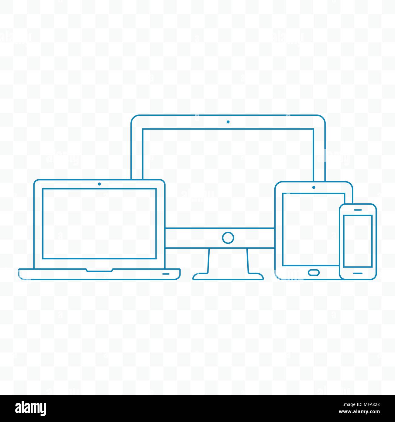 Modern electronic devices. Line style illustration of pc, laptop, tablet and mobile phone. Vector EPS10. Stock Vector