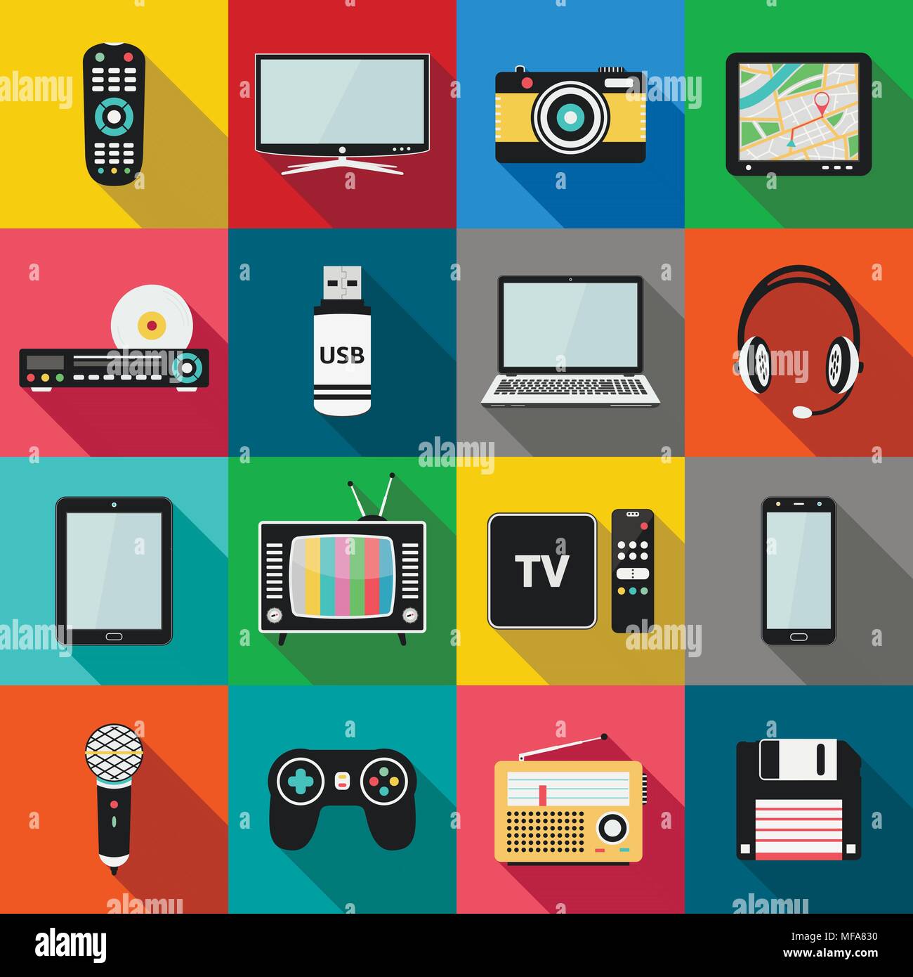 Set of technology and multimedia devices icons with long shadow effect. Vector illustration eps10 Stock Vector