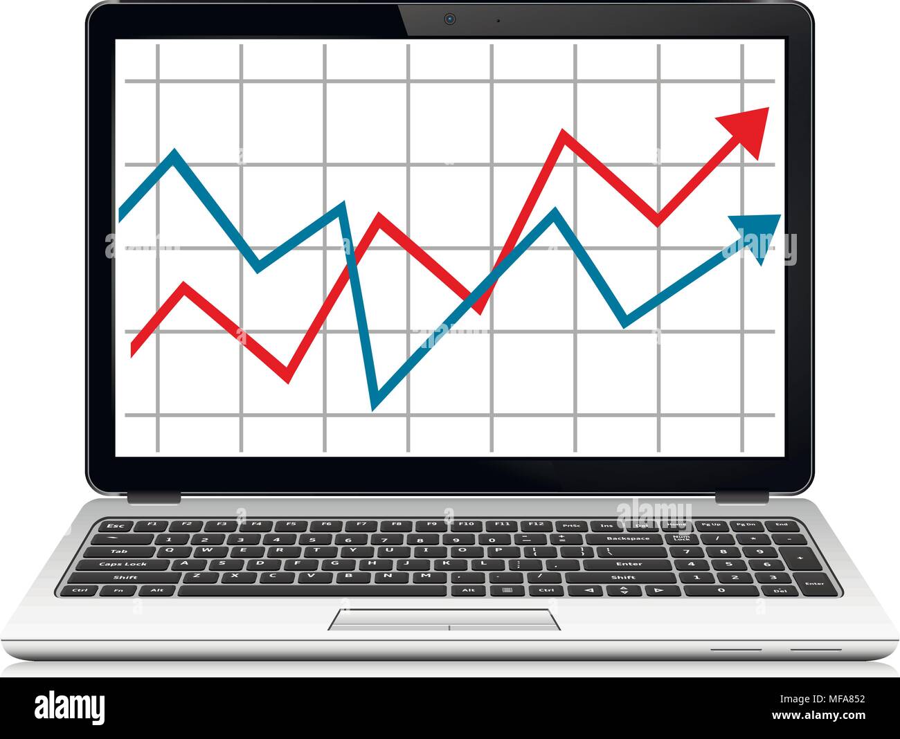 Modern laptop with graph on screen. Finance statistics report, statistic analysis. Vector EPS10. Stock Vector