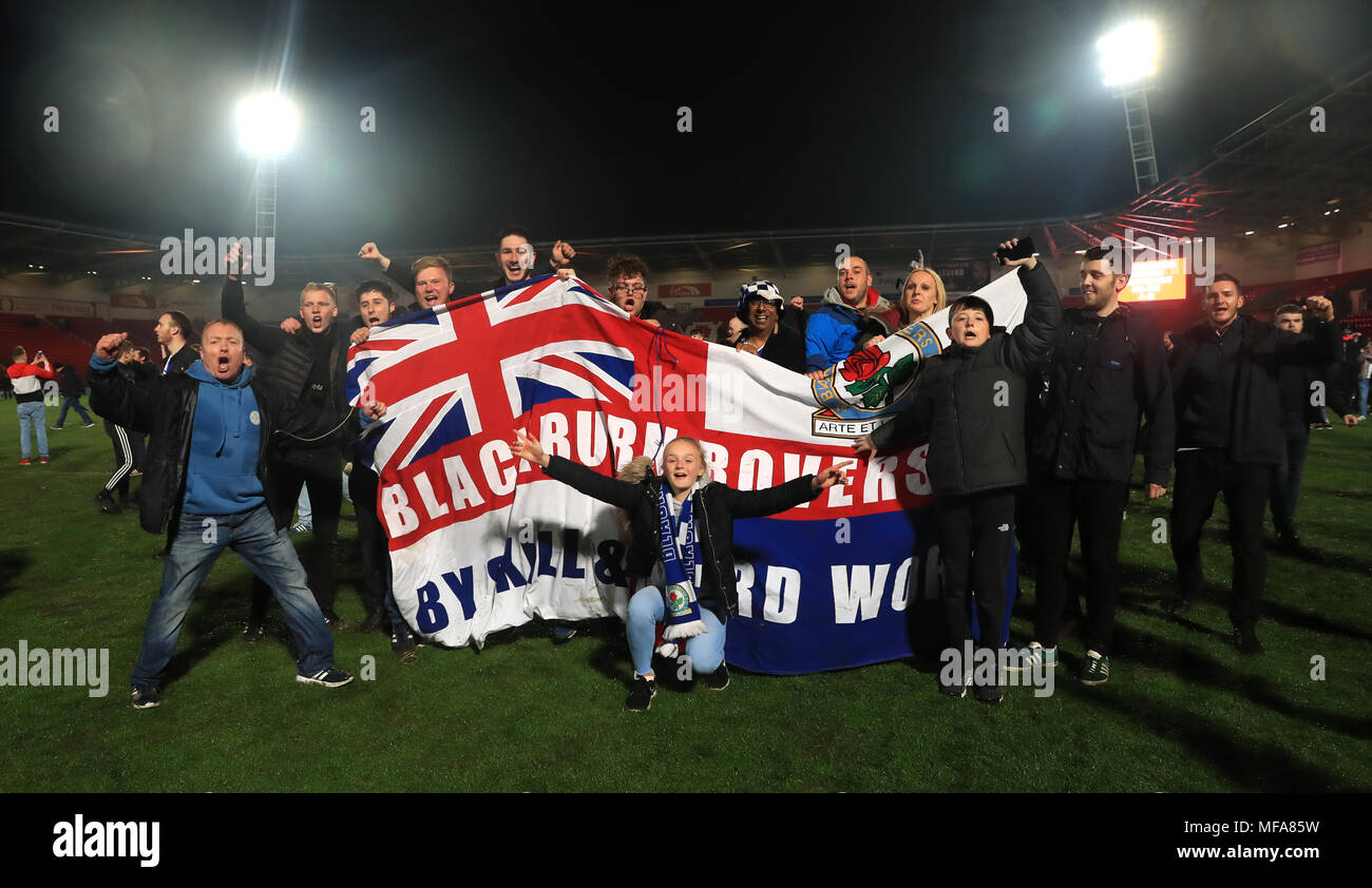 Fans celebrate as Blackburn Rovers get promoted after the Sky Bet League  One match at the Keepmoat Stadium, Doncaster Stock Photo - Alamy