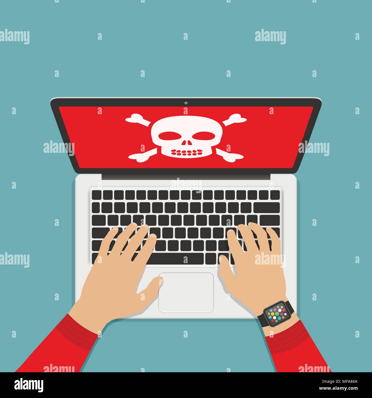Concept of computer system error. Hands on laptop keyboard and scull on laptop red screen. Flat vector illustration. Stock Vector