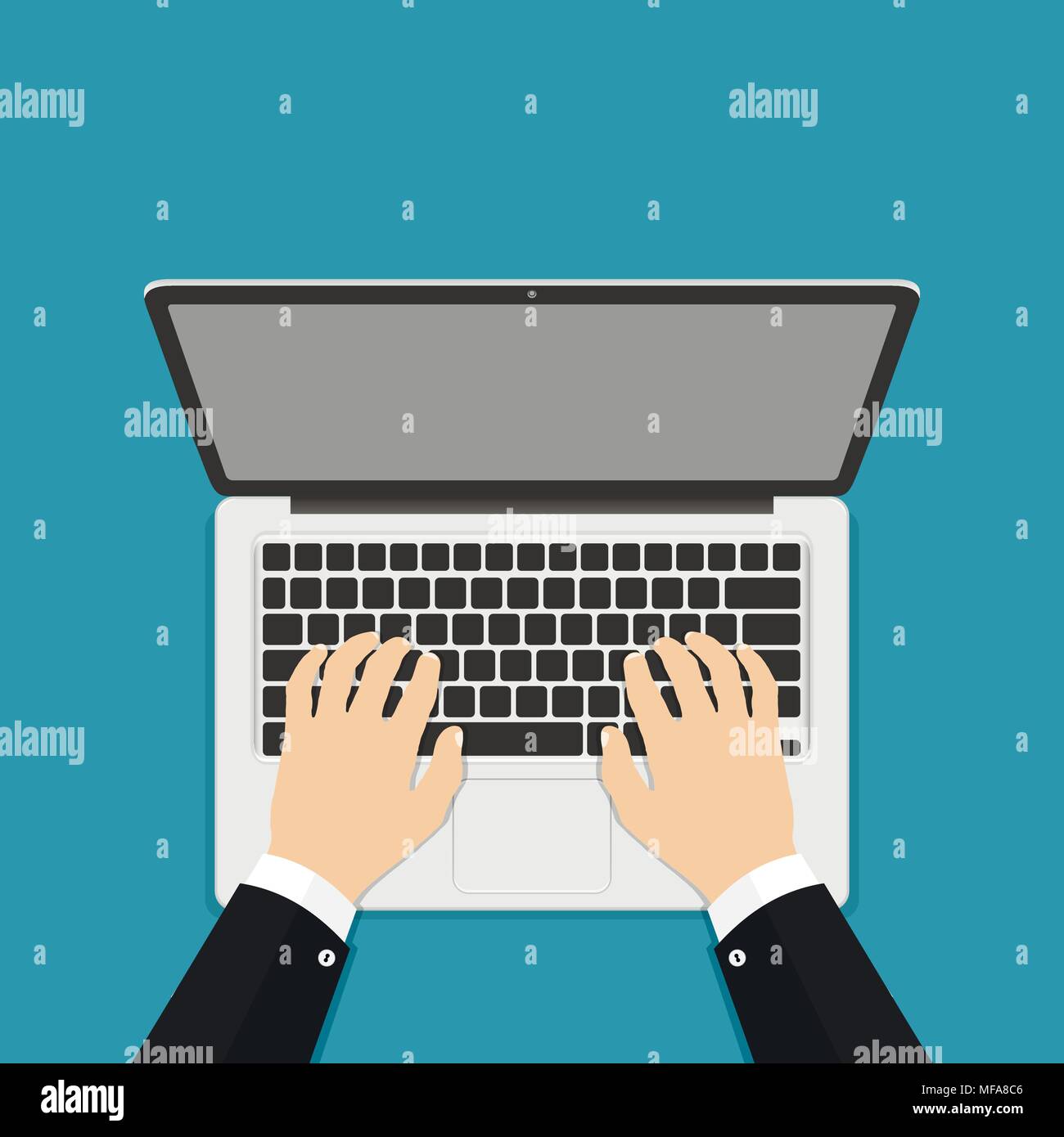 Businessman hands on laptop keyboard with blank screen monitor. Flat style vector illustration. Stock Vector