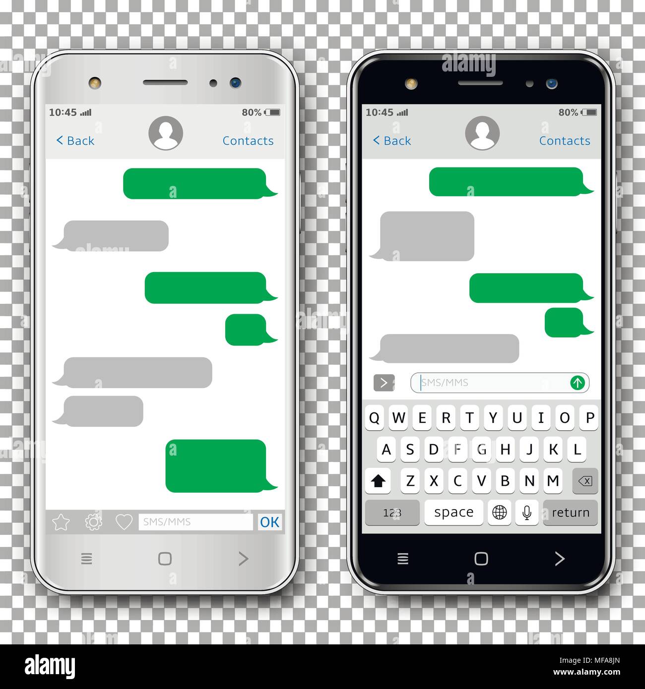 Smart phones black and white. Isolated on transparent background. Messenger window. Chating and messaging concept. Vector EPS10. Stock Vector