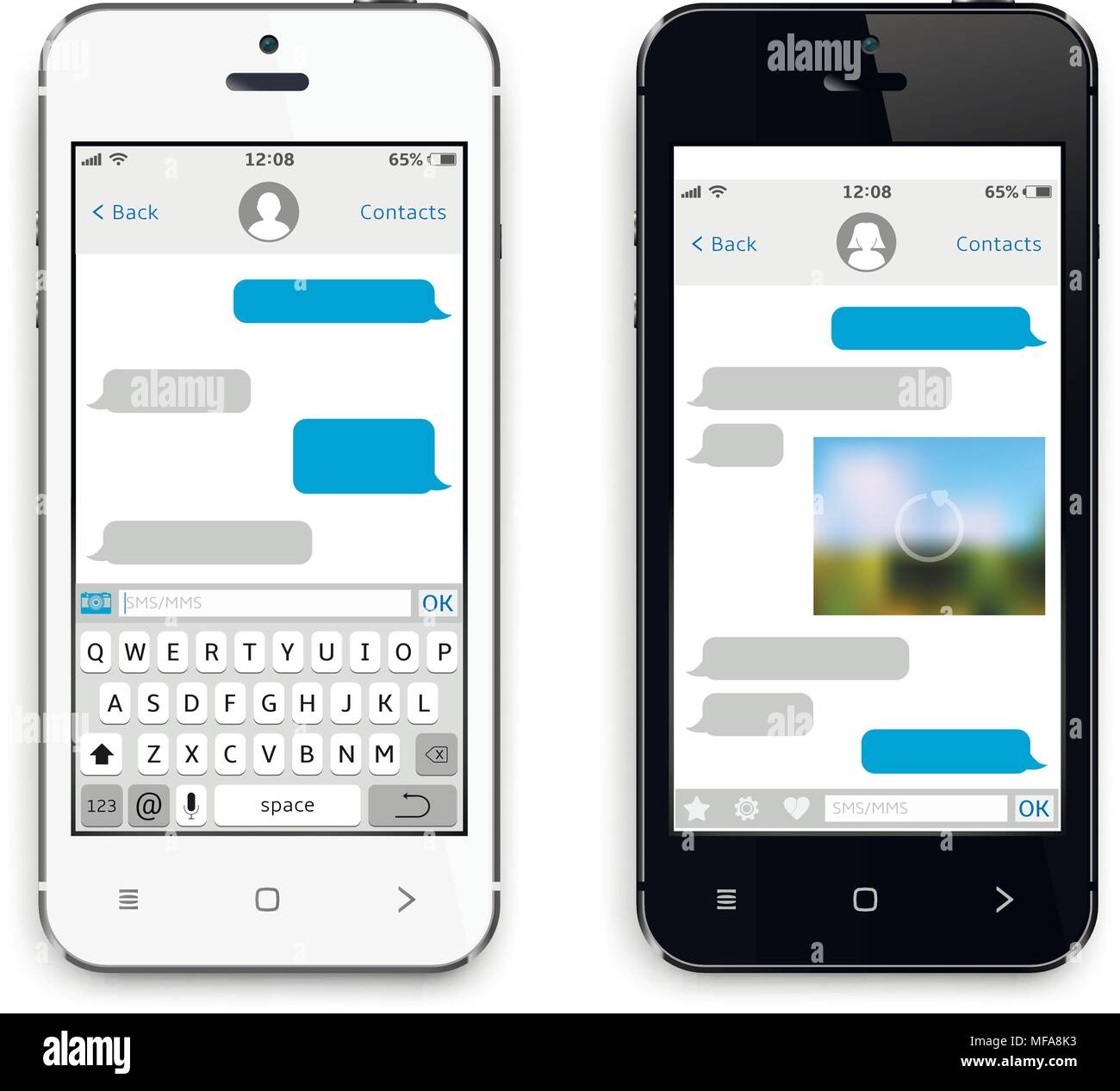 Two chat screens templates on black and white smart phones. Mobile app for talking. Vector illustration. Stock Vector