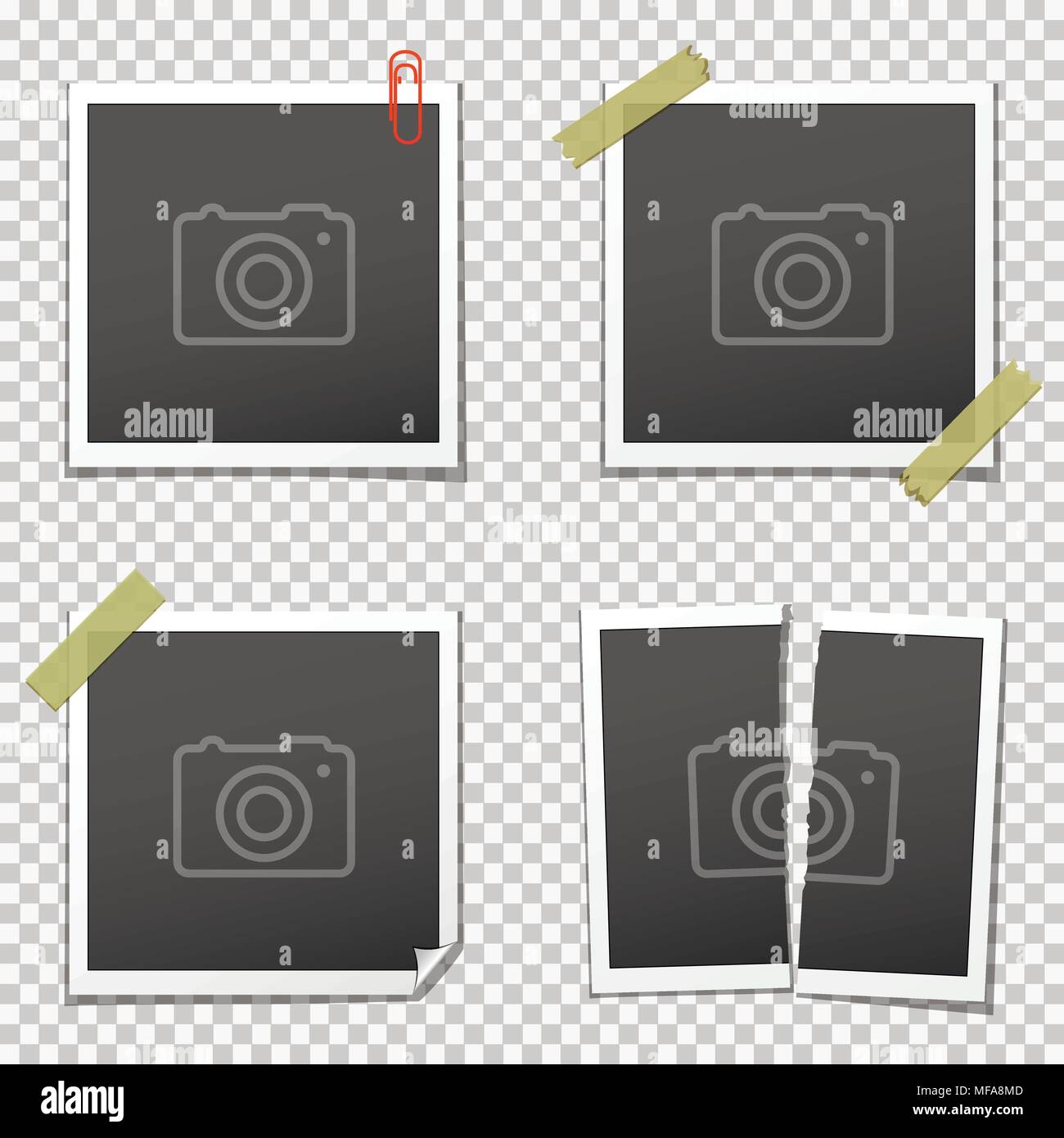 Retro photo frames with shadows on transparent background. Vector illustration. Stock Vector