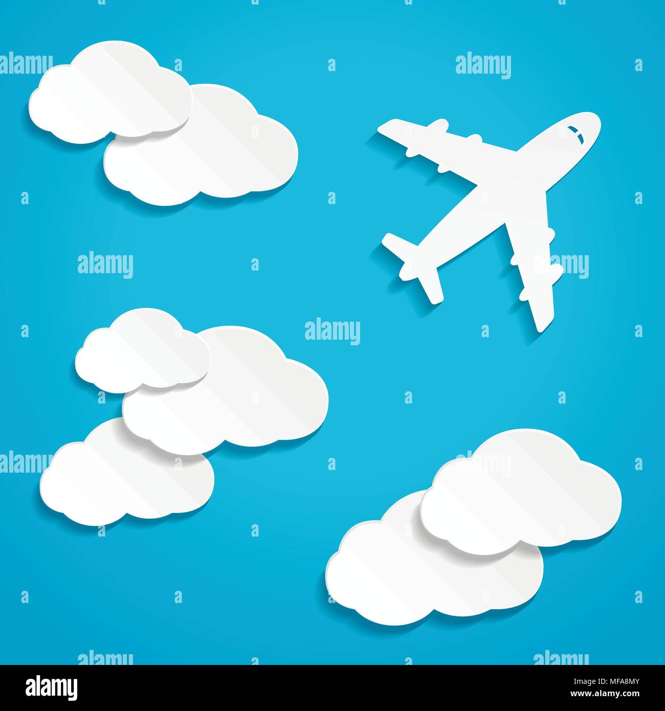Paper flying plane in clouds. Blue sky travel background. Vector illustration. Stock Vector